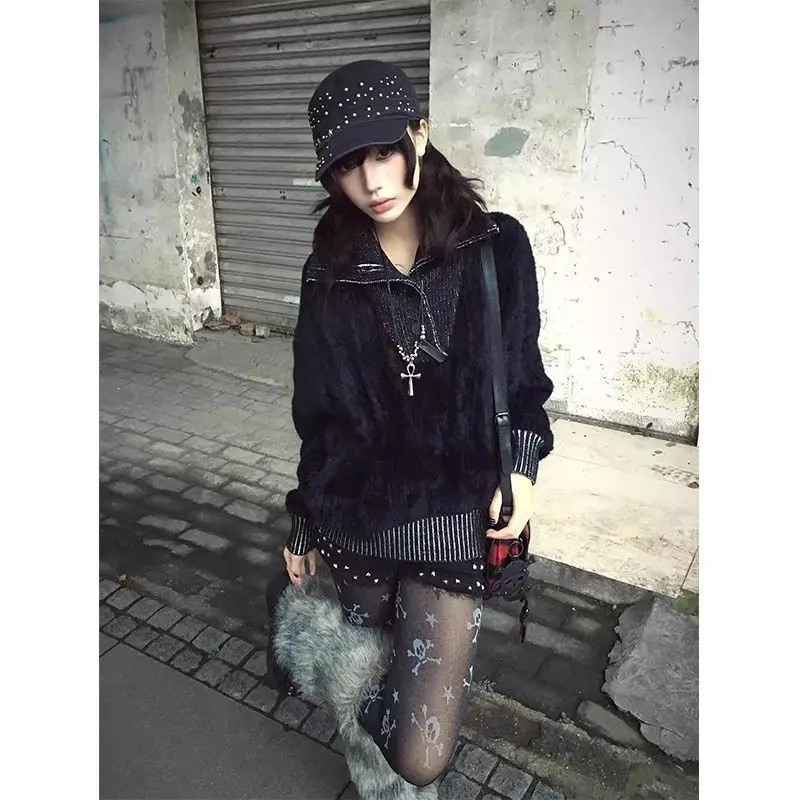 Y2k Vintage Gothic Style Sweater Black Women Casual Pullover American Retro Subculture Faux Fur Patchwork Autumn Winter 2026