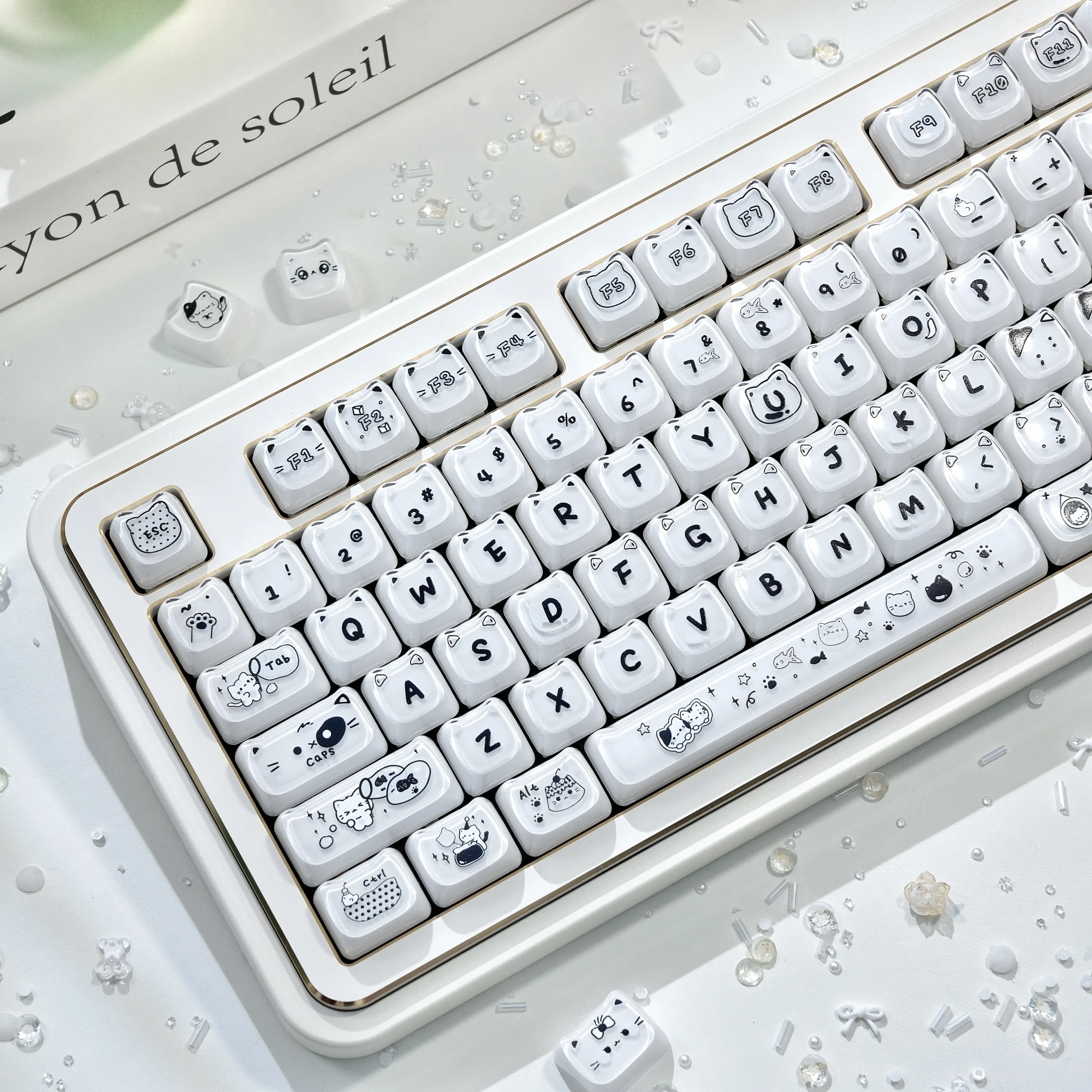 Cute Cat MAO Keycaps Double-Layer Jelly Pudding Crystal Translucent Keycap Side Engraving Pink MX Switch Mechanical Keyboard Cap