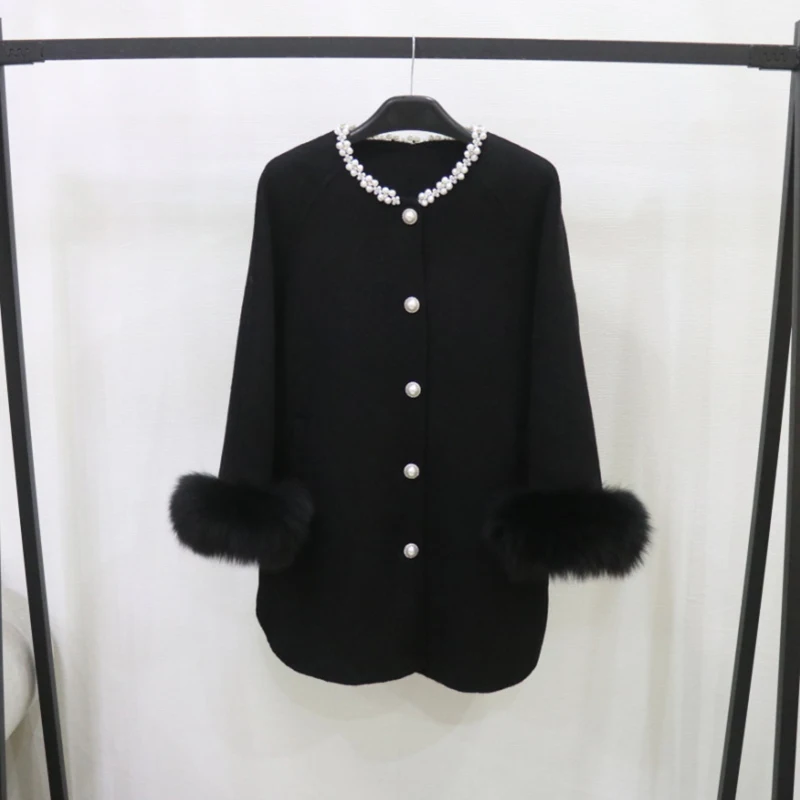 Autumn Winter High End Diamond Double Sided Wool Coat Woman Single Breasted Fox Fur Cuff Female Cloak Loose Woolen Jacket Coats