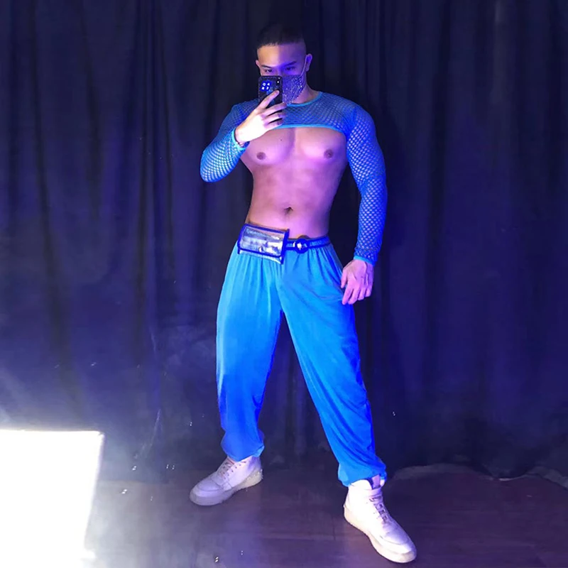 Masculino sexy pólo dança traje azul terno colheita topos calças boate jazz gogo dançarino desempenho roupas festa rave outfit yj484
