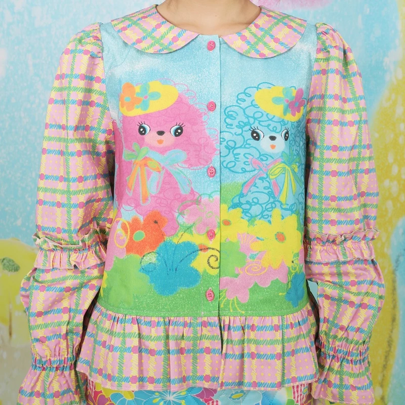 Original Design Cute Pink Animal Print Women's Clothing 2025 Autumn New Sweet Girl Y2k Plaid Splicing Versatile Shirts Ladies