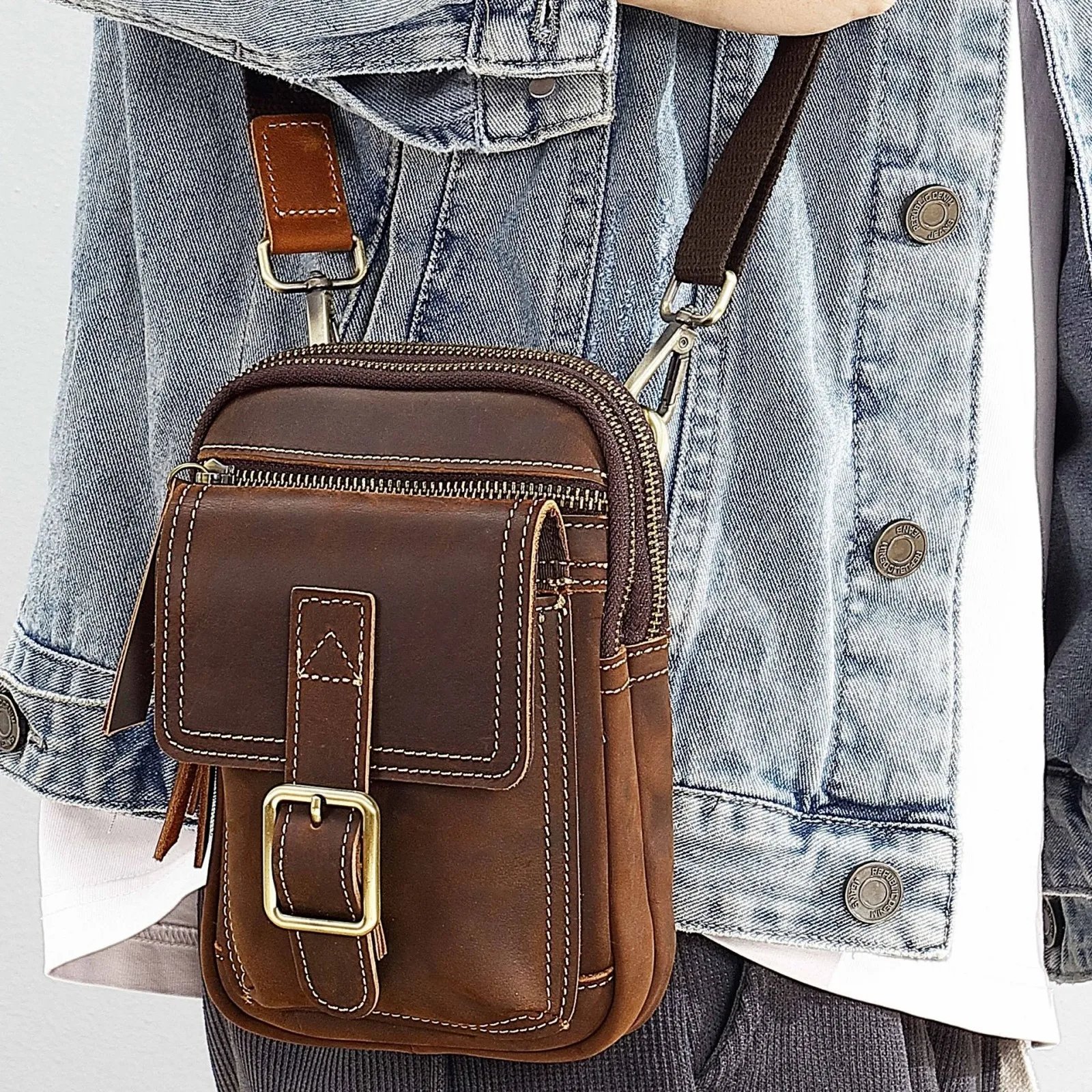 

Genuine Leather Crossbody Fanny Pack with Zipper Pockets - Leather Fashion Belt Wallet Waist Bag for Travel Casual Phone Pouch