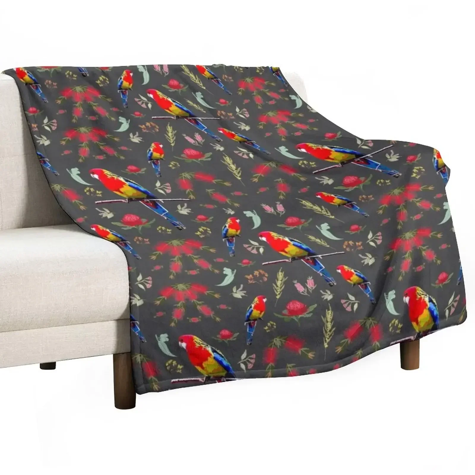 Australiana Rosella Garden - charcoal grey Throw Blanket Bed covers Moving Luxury Tourist Blankets