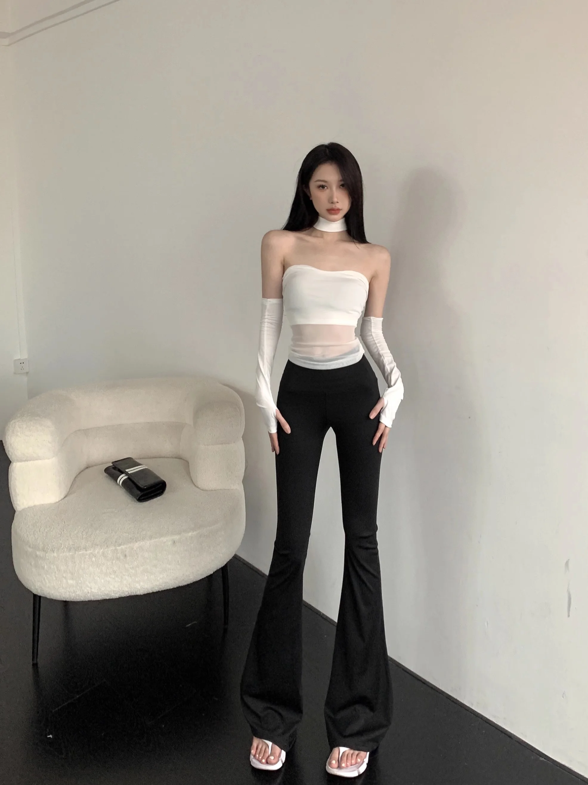 Women High Waist Pants Mesh Splice Bra Sleeve Vest Women's Summer Sexy Tight Wrap Chest Inner Crop Top Outer Wear