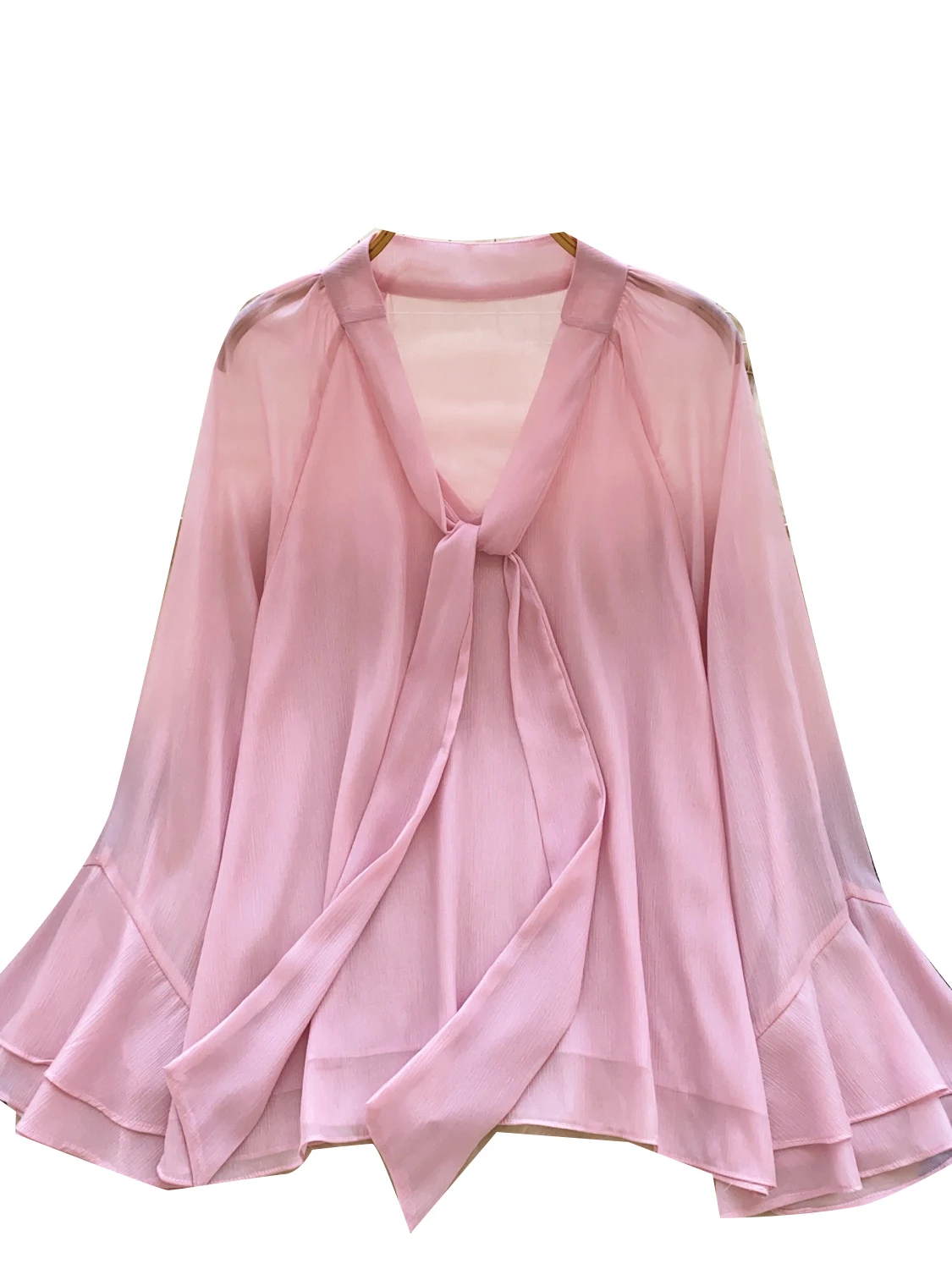 French Sle Loose Fit V-Ne Bell Sve Chiffon Irt Thin Transparent Slim Fit Bell Bot Top für Damen Herbst Faion