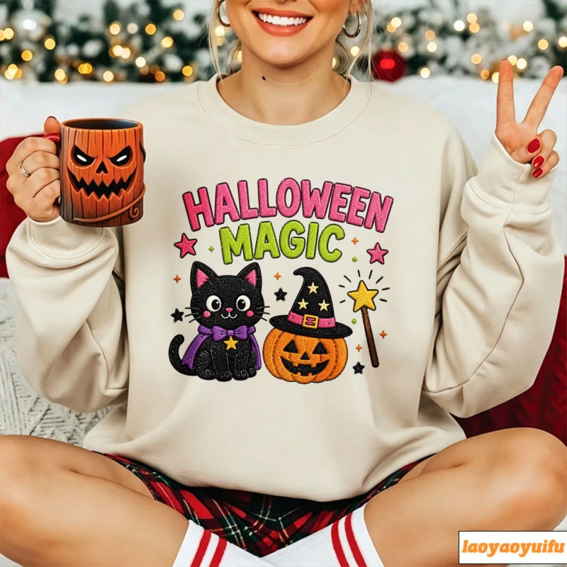 Halloween Magic Cute Black Cat Witch Hat Pumpkin Magic Wand Star Print Pullover Casual Loose Streetwear Holiday Sweatshirts Tops