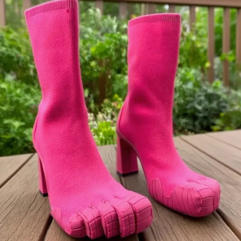 Women Fuchsia Suede Five Finger Boots Black Leather Split Toe Square heel Mid Calf Boots sexy Fashion party catwalk Shoes