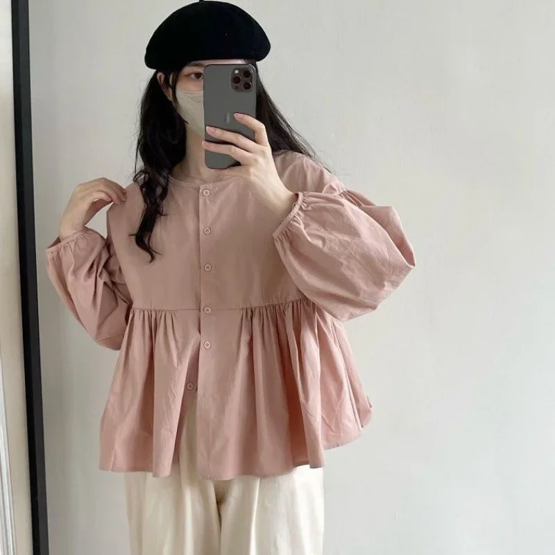 Shirts Women Loose S-3XL Crop Solid Folds Puff Sleeve Schoolgirl Korean Leisure Simple All-match New Arrivals Spring Chic Trendy