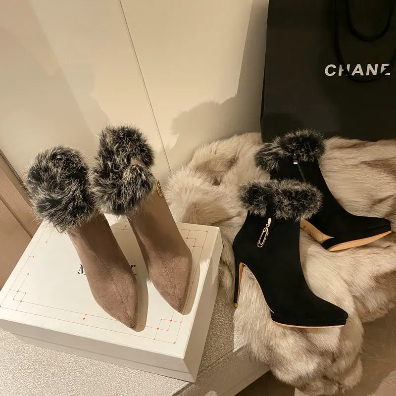 Pointy-toe Platform Sexy Ladies Stilettos Ankle Boots With Real Rabbit Fur Super Thin High Heels Winter Warm Women Shoes Pumps