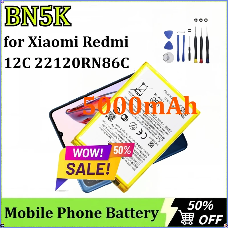 

For Xiaomi Redmi 12C 22120RN86C Newly Upgraded Mobile Phone Battery High Quality Replacement Batteries BN5K 5000mAh