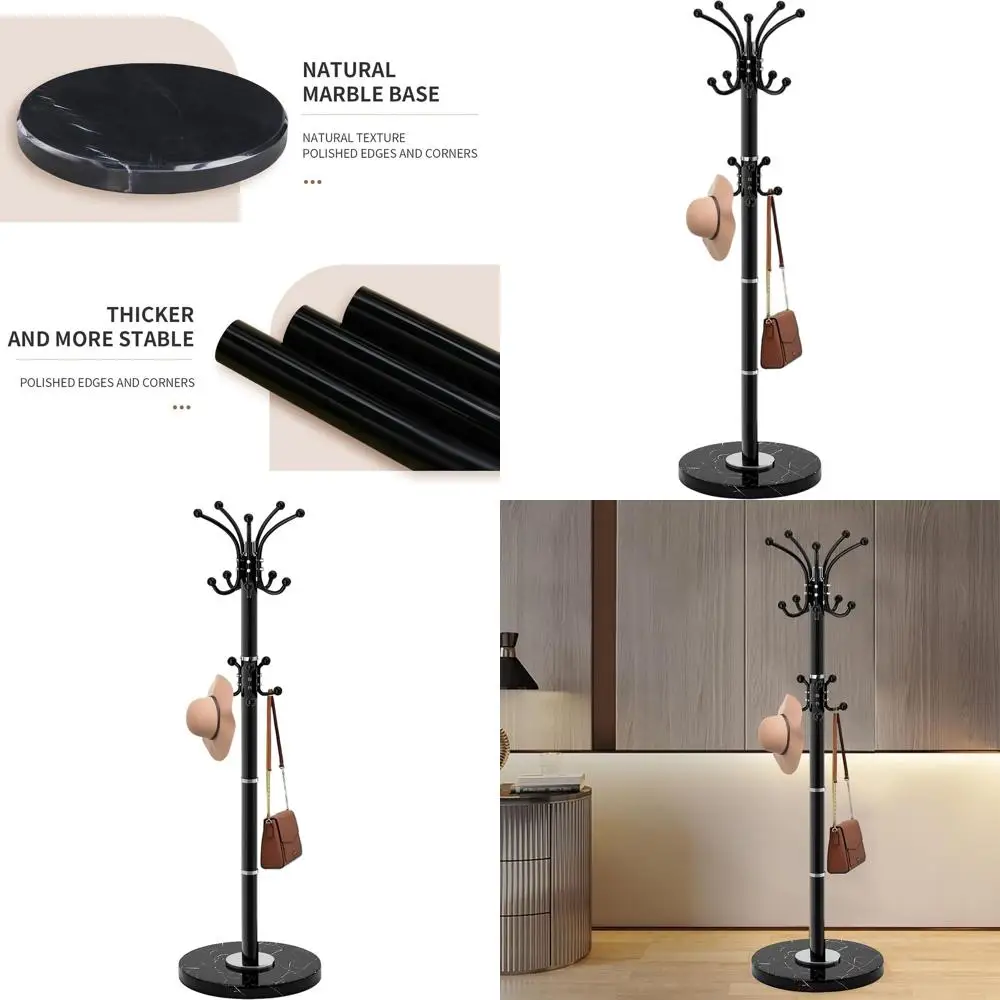 

Стильная металлическая вешалка для одежды с основанием из натурального мрамора, 360° ° Вращающаяся вешалка для одежды с 16 крючками, белая, для прихожей или входной зоны (черная)