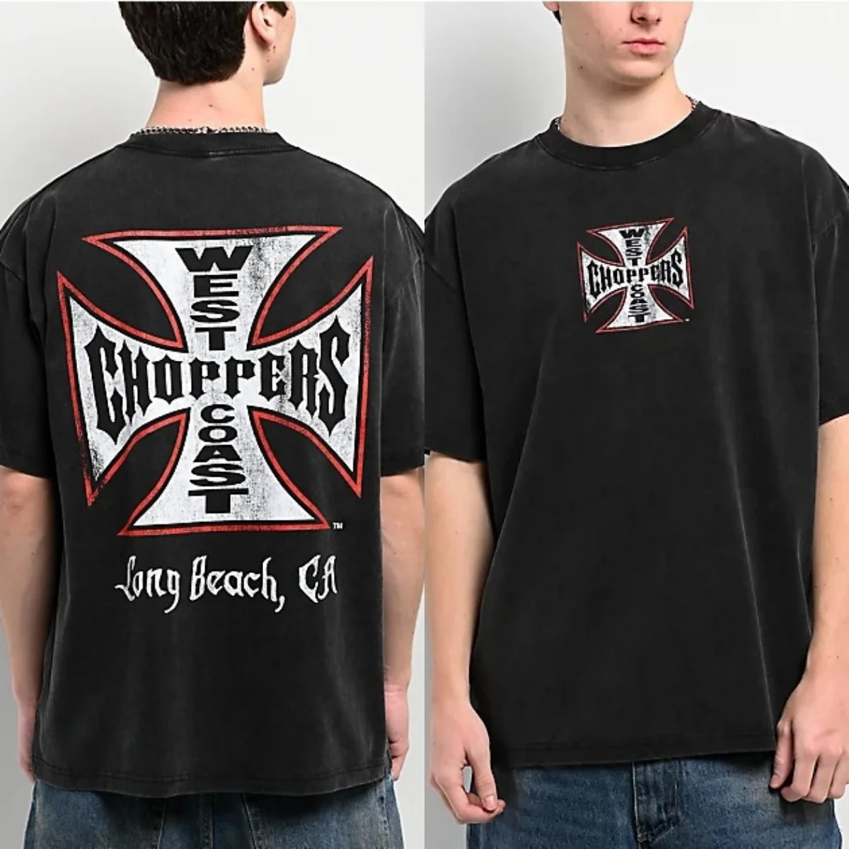 Red Outline Cross West Coast Choppers Street Trend Brands Graphic T-Shirt Cotton Men Women Streetwear Tee