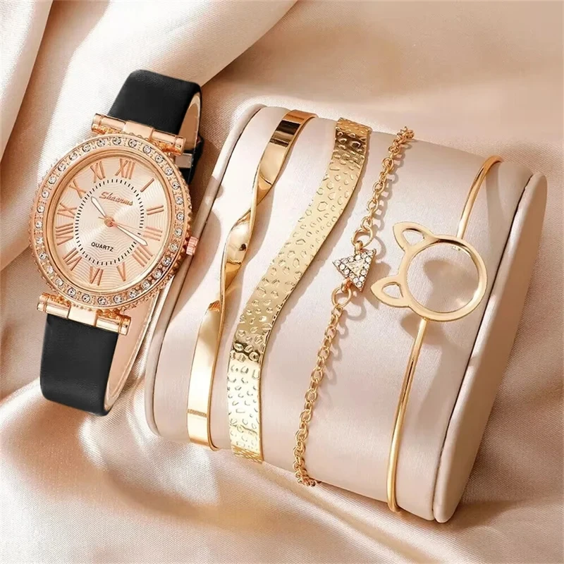 Women\'s Fashion Quartz Watch Luxury Leather Band Analog WristWatch Ladies Watch Women Dress Bracelet Set Reloj Mujer Clock