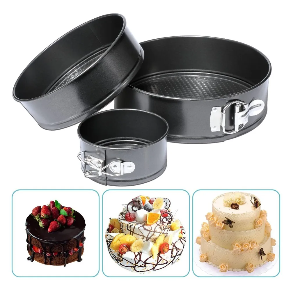 3pcs Carbon Steel Cake Pan Set Non-Stick Removable Bottom Cheesecake Pan Set Snap Button Round Shape Springform Pan Set