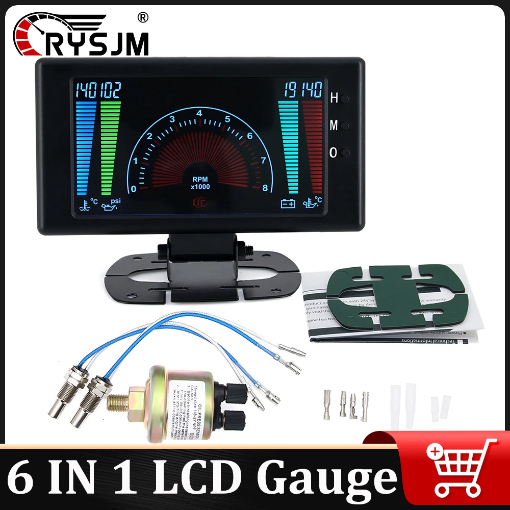 

5'' 6 IN 1 LCD Large Screen Car Gauge Water Temperature Voltage Oil Pressure Oil temperature Tachometer Meter For 12V Vehicles