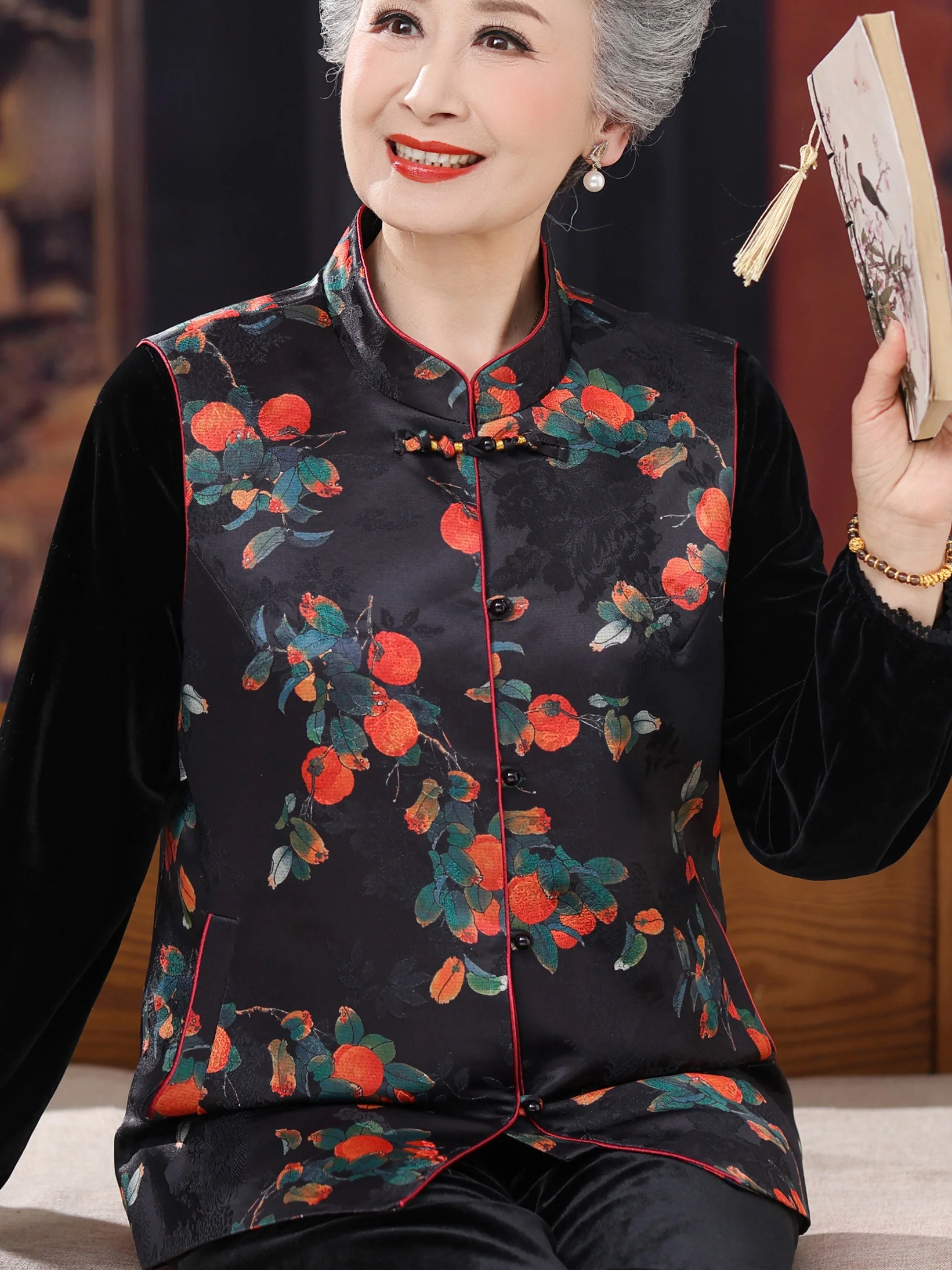 

Retro Floral Print Stand Collar Vest Faionable Mommy Sle Light Weight Open Cardigan for Middle Aged And ly Women