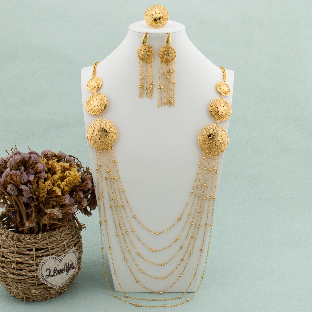 Trend 18K Gold Color Jewelry Set For Women Dubai African Long Chain Tassels Earrings Ring Fashion Necklace Wedding Bride Jewelry