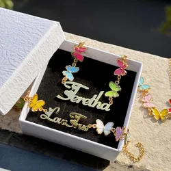 DUOYING Custom Necklace Bracelet Set Personalized Culorful Butterfly Gold Nameplate Letter Bangles For Girl's Jewelry Gift