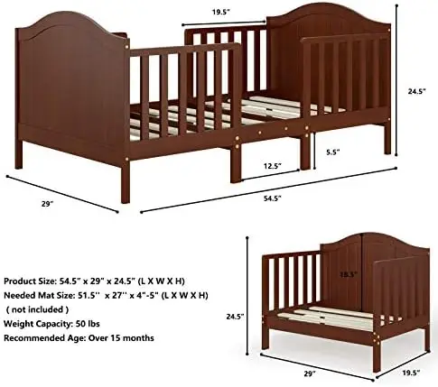 سرير أطفال صغير قابل للتحويل 2 في 1، سرير أطفال خشبي مع درابزين، لوح قدم آمن، يتحول إلى كرسي/أريكة/سرير، بني