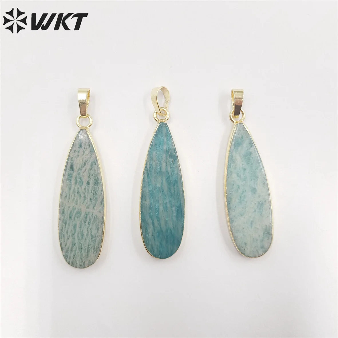 WT-P1889 Wholesale Fashion 18k Real Gold Plated Double Flat Natural Amazonite Pendant Long Waterdrop Stone Decorated