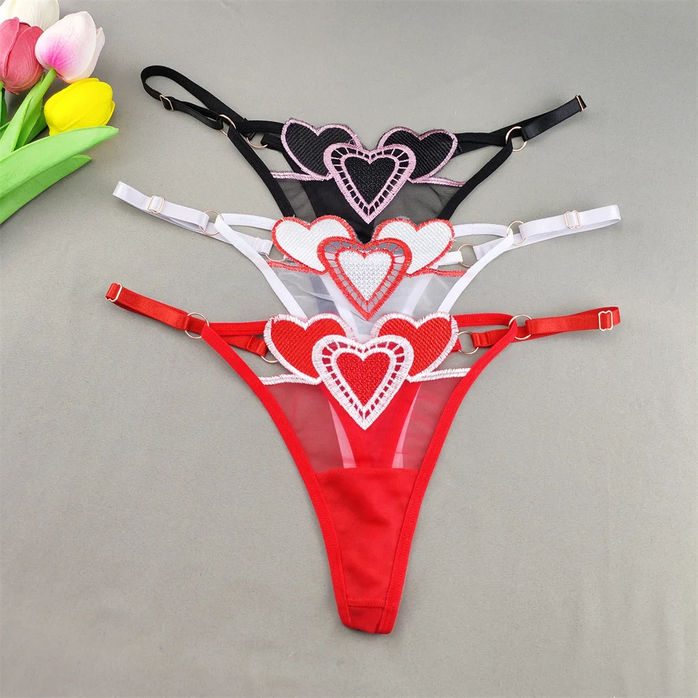 3pcs Lolita Thong Anime Cute Girls Heart Thong Adjustable Transparent Lace Underwear Low Waist Adjustable String Underpants