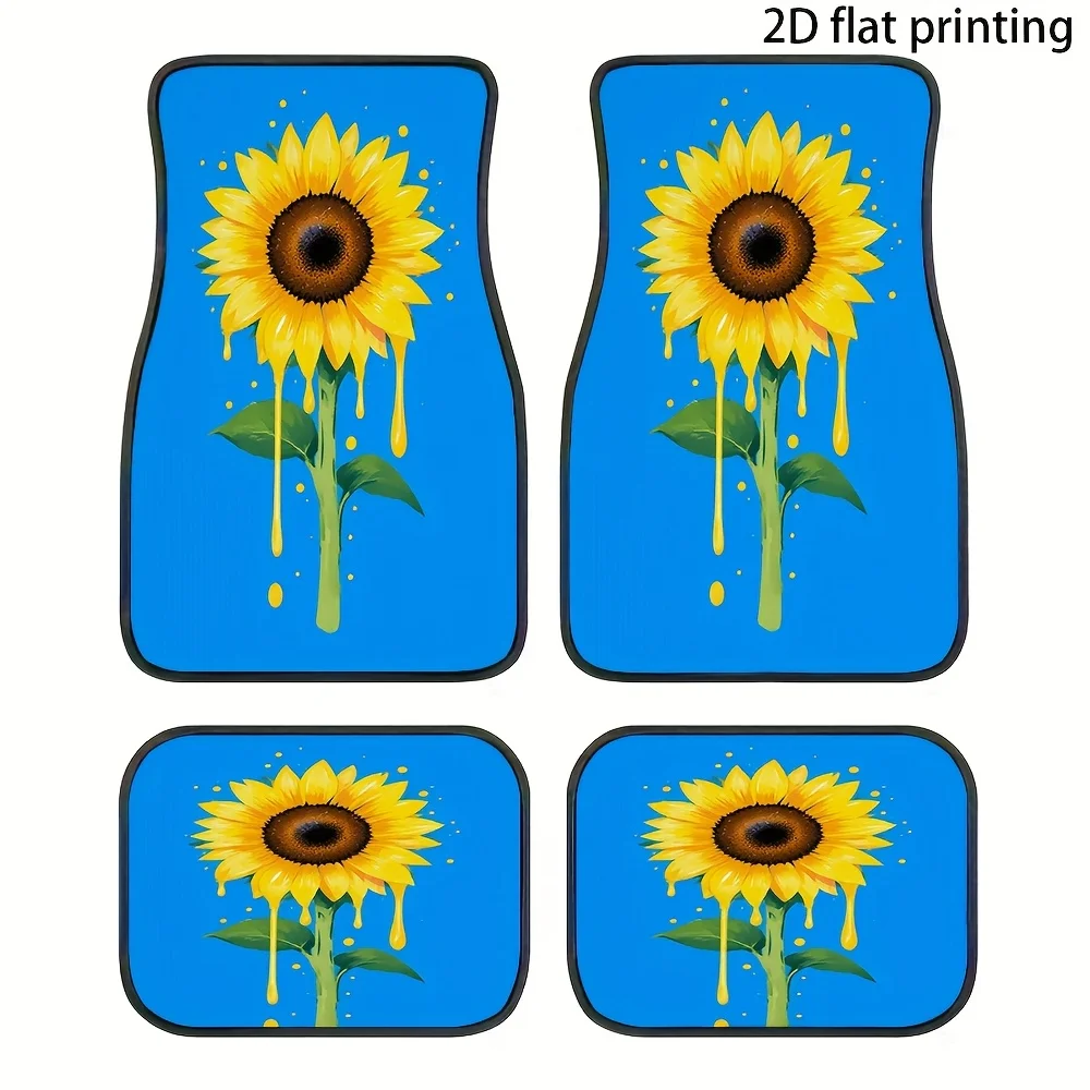 4pcs Car Floor Mats, Yellow Sunflower Drip Oil Pattern, Material, Universal Car Mats, Car Decorative Accessories, Suitable For A
