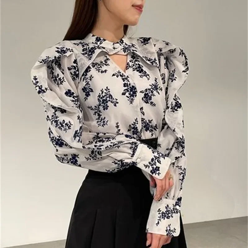 Blusa de Organza con manga abombada y cuello en V para mujer, blusa elegante estilo japonés Vintage, novedad de 2024