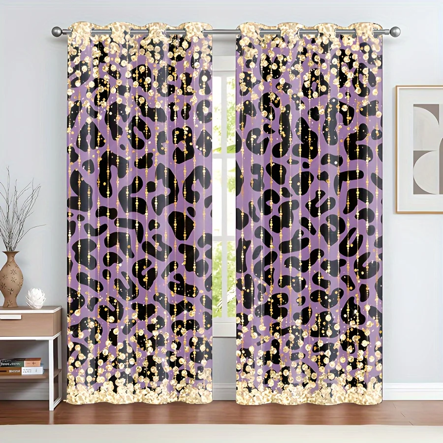 

2-Piece Set Leopard Pattern Lustrous Metallic Finish Semi-Sheer Drapery Machine Washable For Living Room Bedroom Home Decoration