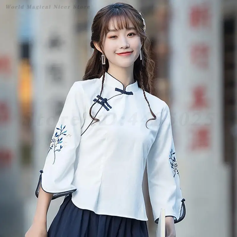 

Улучшенная блузка-ханьфу в стиле дзен с вышивкой цветов, китайская рубашка, новая весенне-летняя блузка-ципао, винтажная одежда в стиле тан