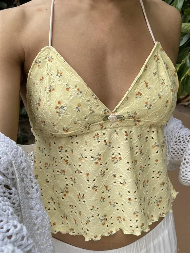 Women's Halter Cami Tops Sleeveless Eyelet Embroidery Floral Print Slim Fit Camisole Backless Shirts Sexy Tank Top