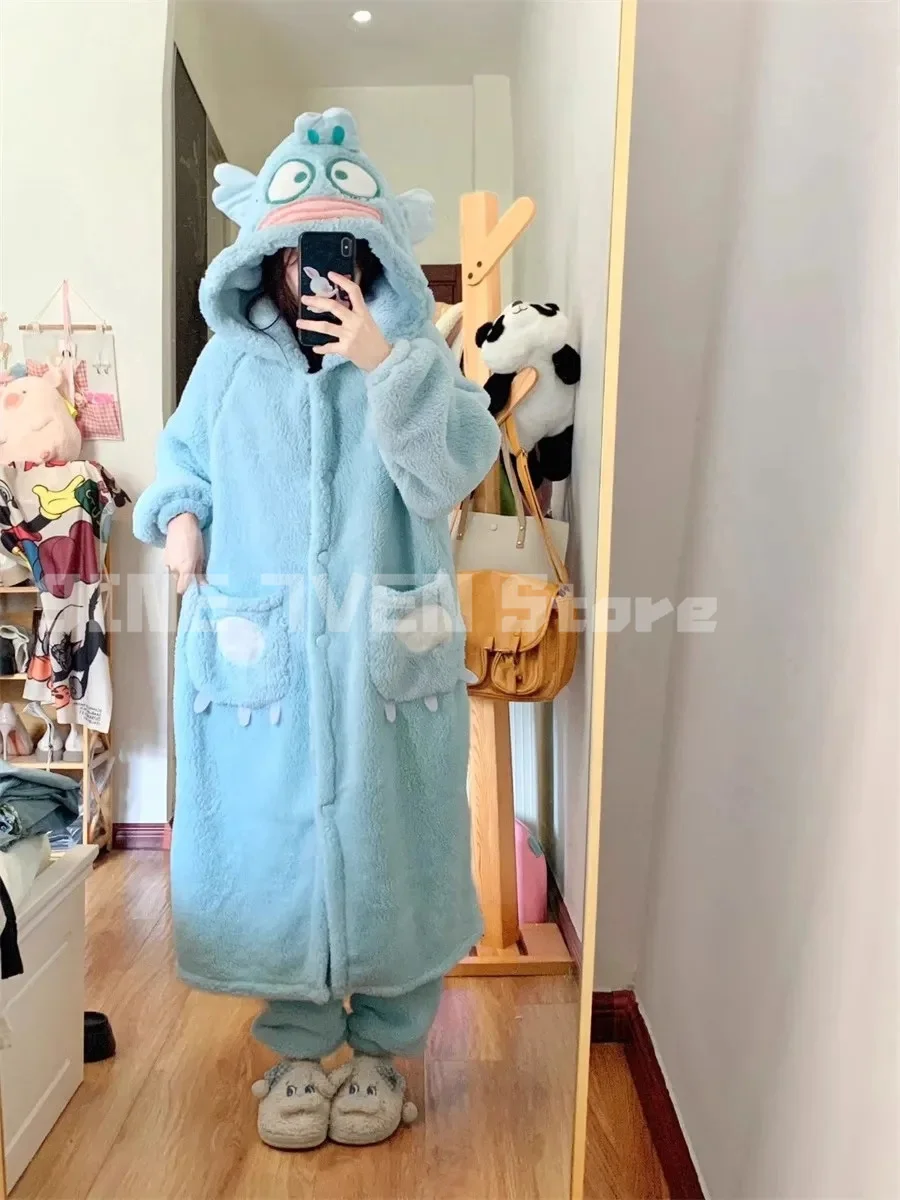 Sanrio Kawaii Hangyodon Pajama Women Thickened Coral Velvet Pajama Cartoon Girl Flannel Home Service Suit Autumn Winter Gift