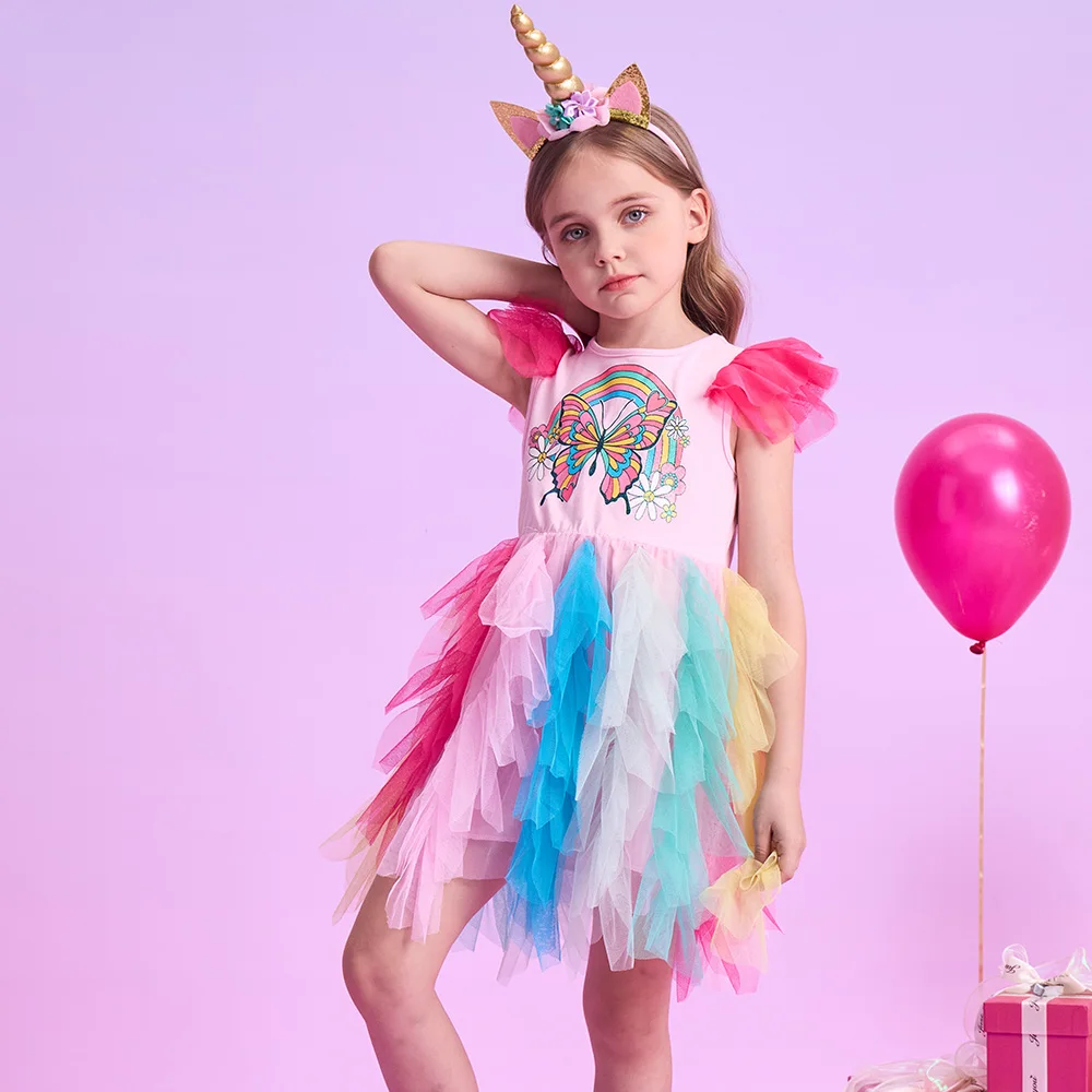 VIKITA Mädchen Bunte Regenbogen Flattern Ärmeln Sommer Kleid Kinder Schmetterling Blume Drucken Layered Tüll Mesh Prinzessin Tutu Vestidos – Detail 3