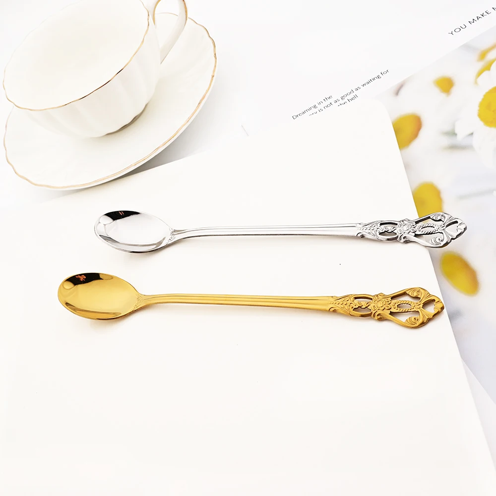 Drmfiy Royal 6/12pcs Gold Spoon Dinnerware Set Stainless Steel Cutlery Long Ice Spoon Kitchen Western Dessert Tableware Set Gift