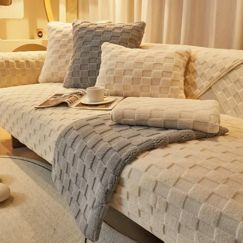 Sofa Seat Slipcover Lamb Wool Thicken Plush Soft Sofa Covers Anti-slip Couch Cover Dustproof Sofa Protector Grid Sofa Towel