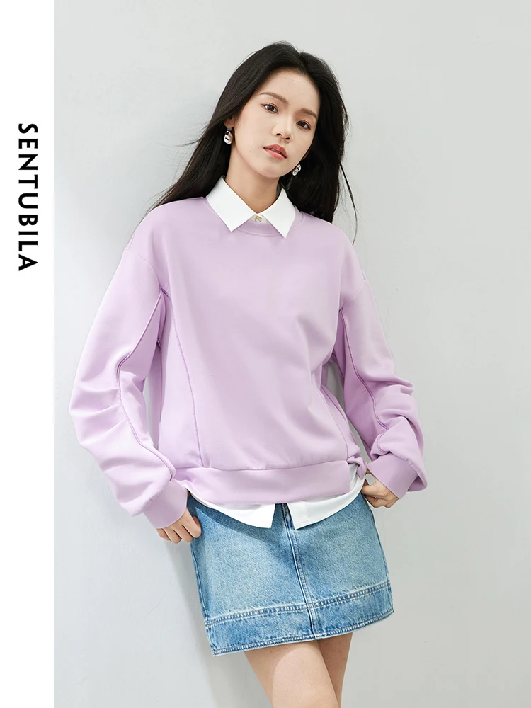 SENTUBILA Round Neck Casual Sweatshirt 2024 Spring Simple Loose Solid Womens Pullovers Long Sleeve Tops Sweatshirts 141A53790