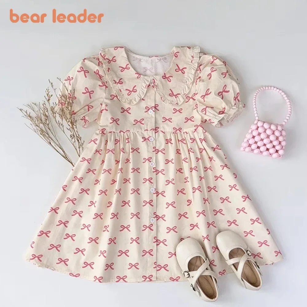 

Летние повседневные платья для девочек Bear Leader с розовым бантом и лацканами, детская одежда, однобортное платье-рубашка с короткими рукавами