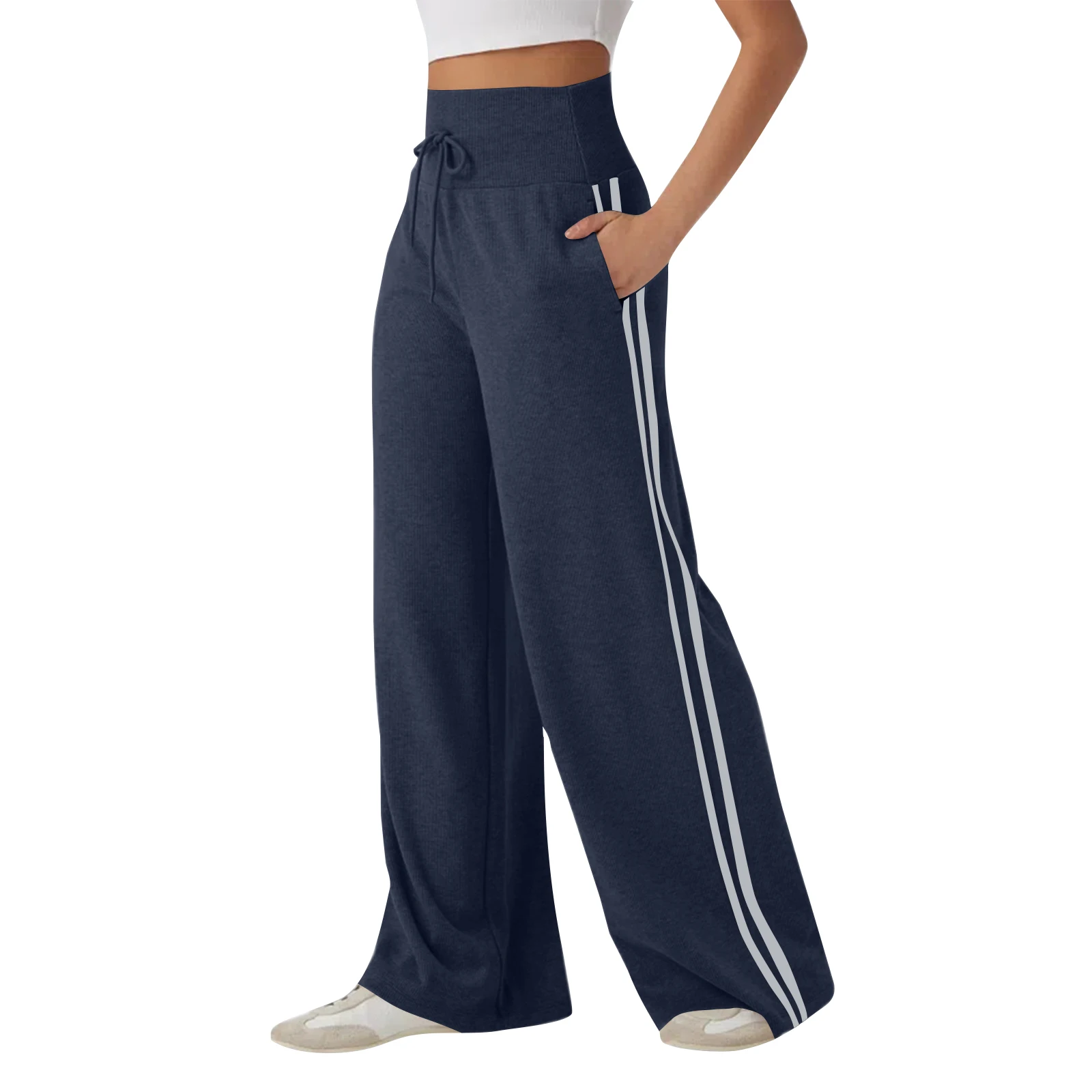 Women'S Wide-Leg Sports Pants High-Waisted Lace-Up Trousers Side Stripes Loose Pants Drape Daily Wear All-Match Comfortable