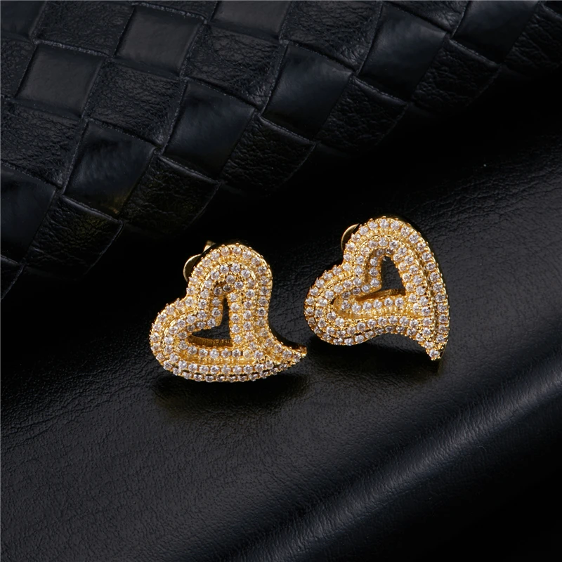 Hip Micro 1Pair Heart Shape Pave Baguette Cubic Zircon Stone Ice out Stud CZ Earring Bling Copper Earrings For Women Men Jewelry