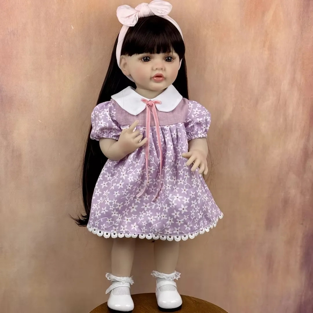 BZDOLL 55CM 리본 베이비 풀 비닐 바디 인형 장난감, 갈색 긴 머리, 공주 유아 22인치 달콤한 인형, 수제 생일 선물