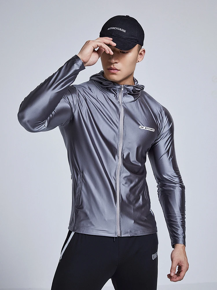 Glossy Silver Ice Silk Sports Jacket Top Zipper Men\'s Fitness Running Plus Size Long Sleeve T-shirt