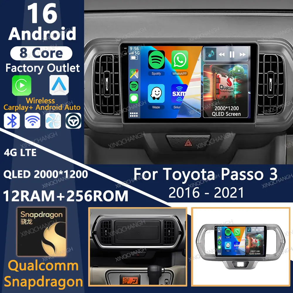 Android 16 Car Radio For Toyota Passo III 3 2016 - 2021 Multimedia Video Player 2DIN Carplay Auto QLED 4G WIFI GPS Head Unit BT