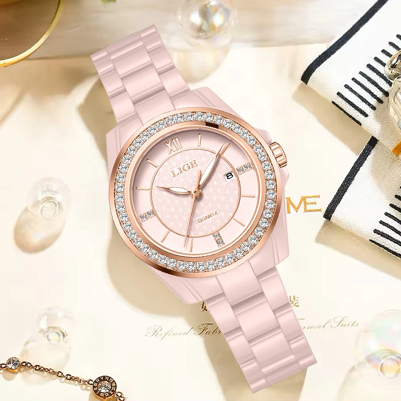 LIGE New Pink Watch Women Watches Top Brand Luxury Ceramic Watch Women Fashion Sport Waterproof Quartz Watch Female Montre Femme