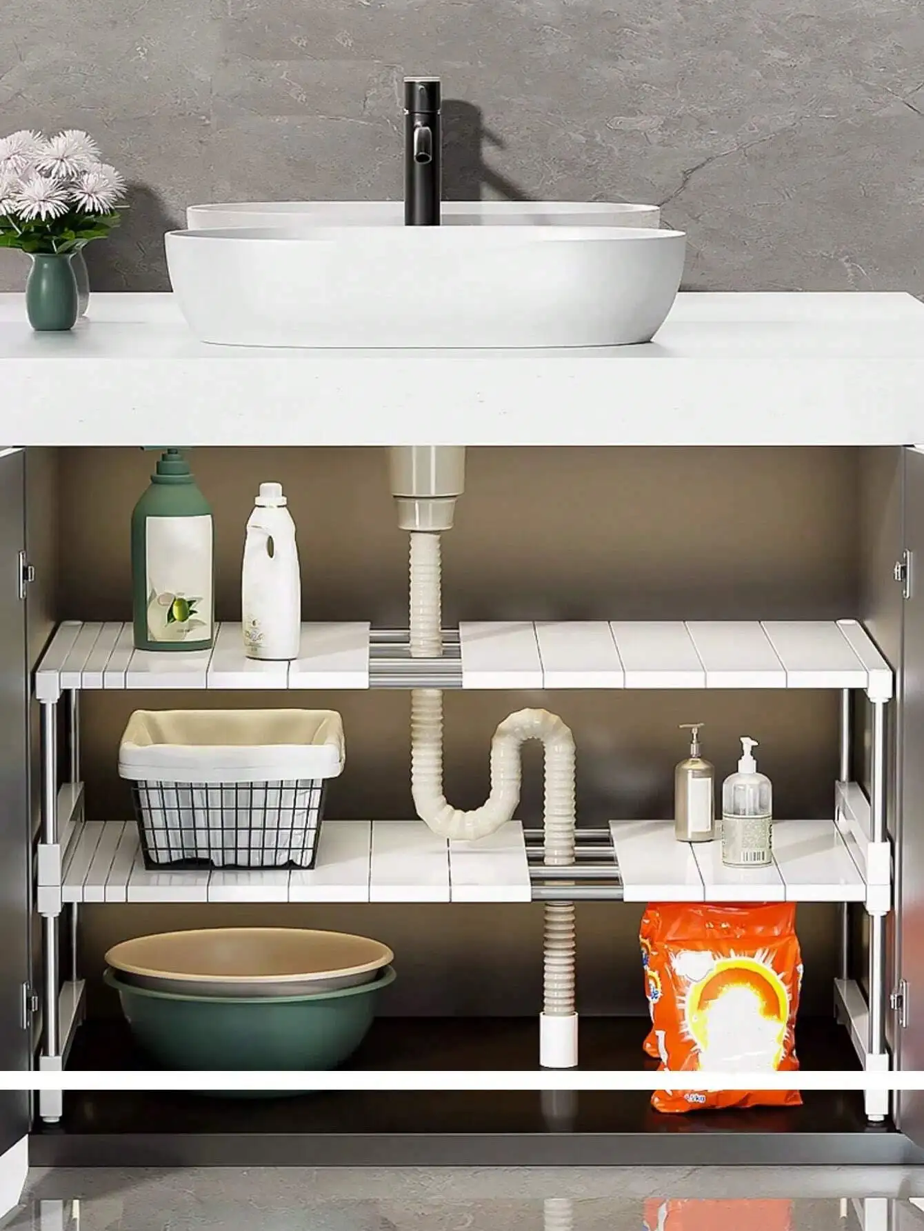 1pc/Retractable Bathroom  Rack, Bathroom Layered Shelving Unit, Sink Under-The-Counter Organizer, Bathroom Cabinet, Ideal For Ba