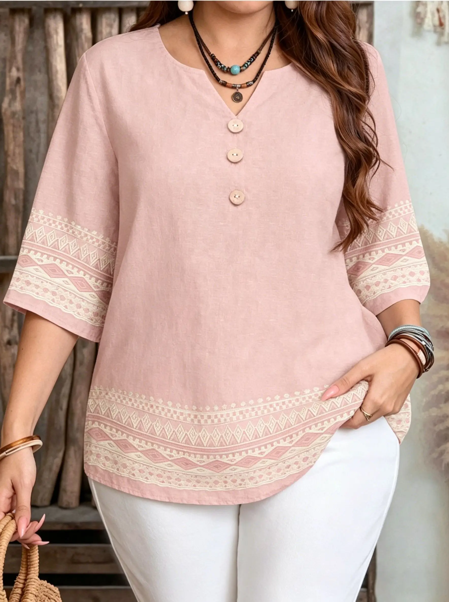 Gradient Solid Ethnic Floral Abstract Cat Print Blouses Notch V Neck Three Quarter Sleeve Soft Loose Plus Size Women Shirts