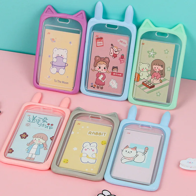 Cartoon Kitten Student Card Holder with Retractable Reel Lanyard Bank Identity Kids Bus ID Card Sleeve Case Credit Cover Case