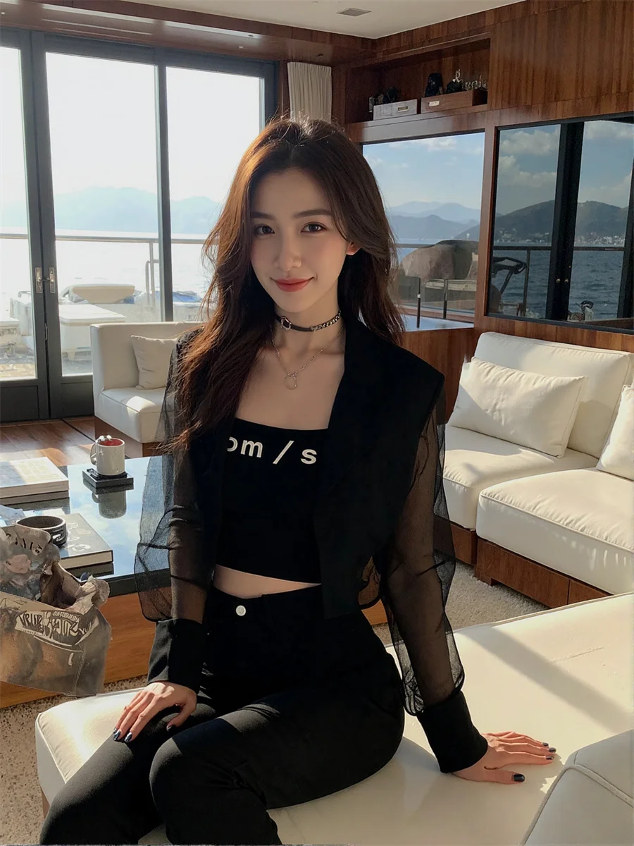 Blazer court transparent résistant au soleil avec fente au dos, vêtements élégants pour femmes, vêtements formels minimalistes, court enveloppant d'été, kaki