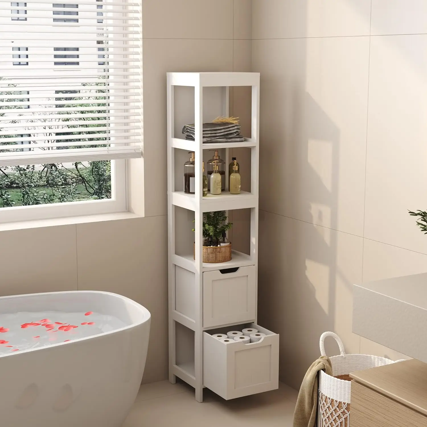 

Bathroom Storage Cabinet, Slim Tall Cabinet, Narrow Floor Cabinet Organizer, Wooden Linen Tower with 2 Drawers and 3 Sh