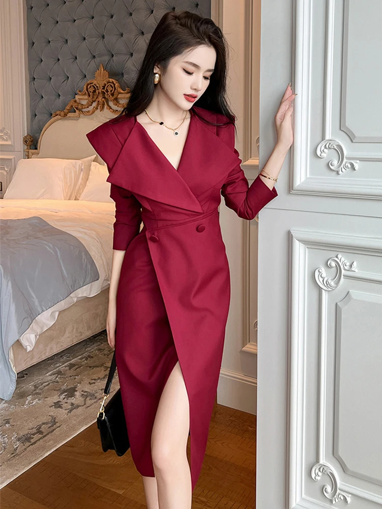 Chic Work Style Business Formal Occasion Dresses For Women Clothing Mujer Ladies Elegant Office Commute Blazer Slim Slit Dress