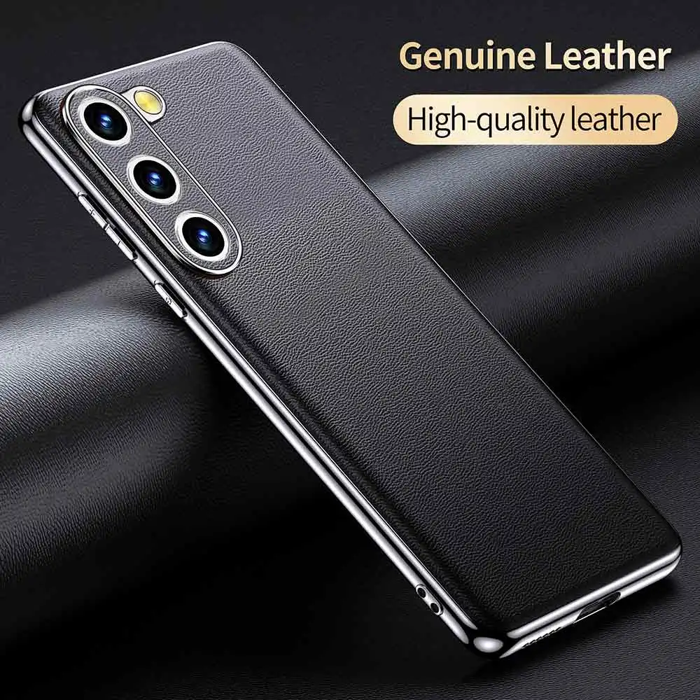 Genuine Cowhide Leather Phone Case for Samsung Galaxy S24 S23 Ultra S22 Plus S21 FE Note 20 Plating Shockproof Protector Cover