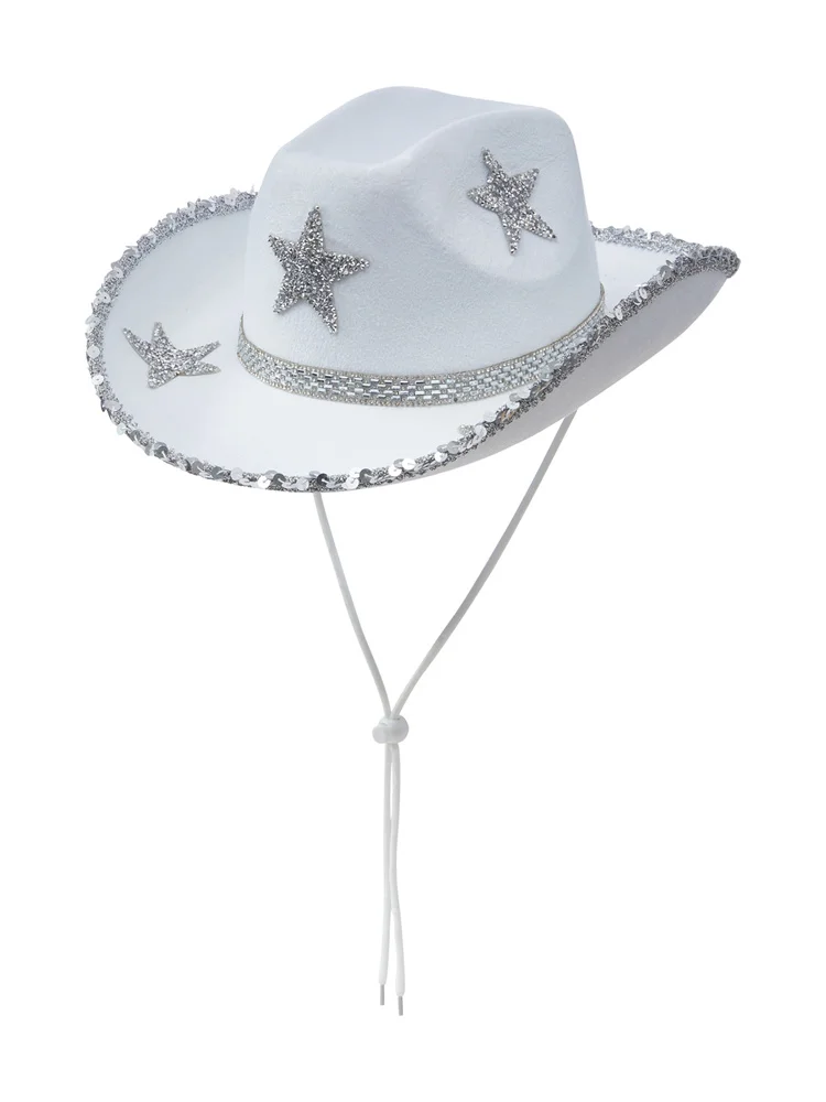 CHRONSTYLE Women Rhinestones Star Hat Wide Brim Diamond Glitter Cowboy Hats Cap Outwear Lace-up Caps Retro Elegant Hats Clubwear